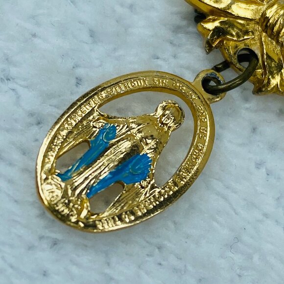 Vintage Gold-Tone Bow & Virgin Mary Religious Brooch Pin Blue Enamel Accents - Picture 11 of 16